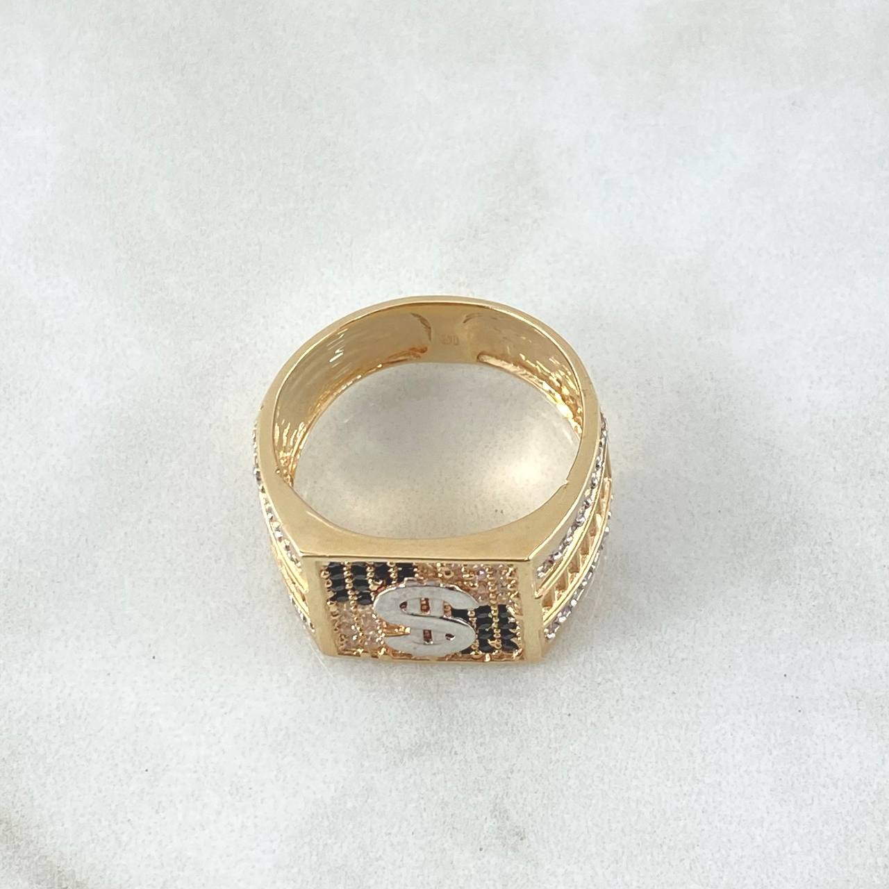 Anillo Signo Peso 6.75gr / T9 3/4 / Circones Blancos Y Negros Dos Oros Amarillo Blanco 18K *