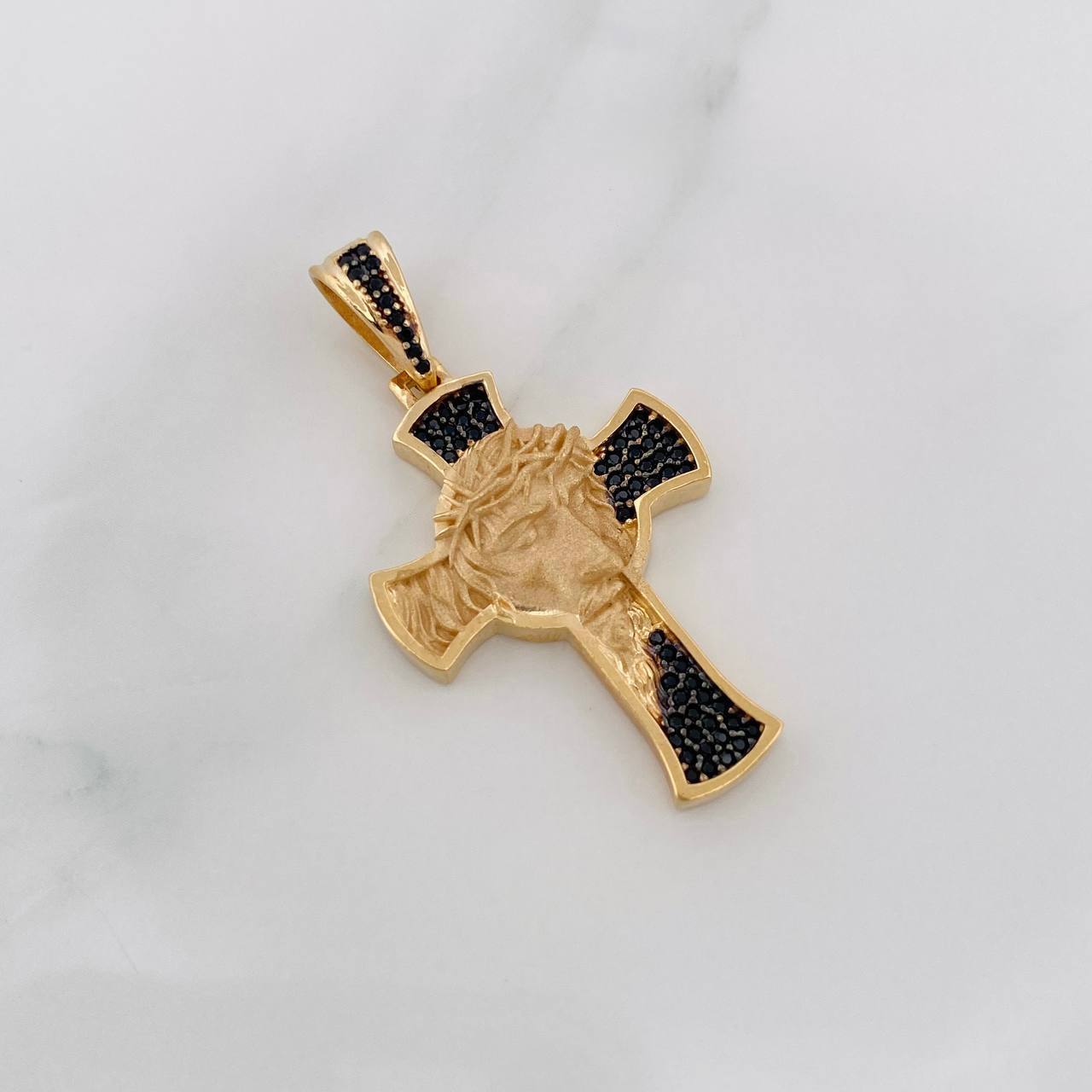 Dije Cruz Rostro de Cristo 6.95g / 1 3/4 in Dos Oros Negro Amarillo 18K