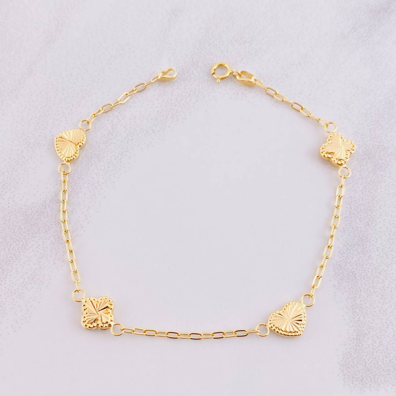Classic Link Bracelet Clover and Heart Diamond Cut 2.05g / 7 in / 1.65mm 18K Yellow Gold