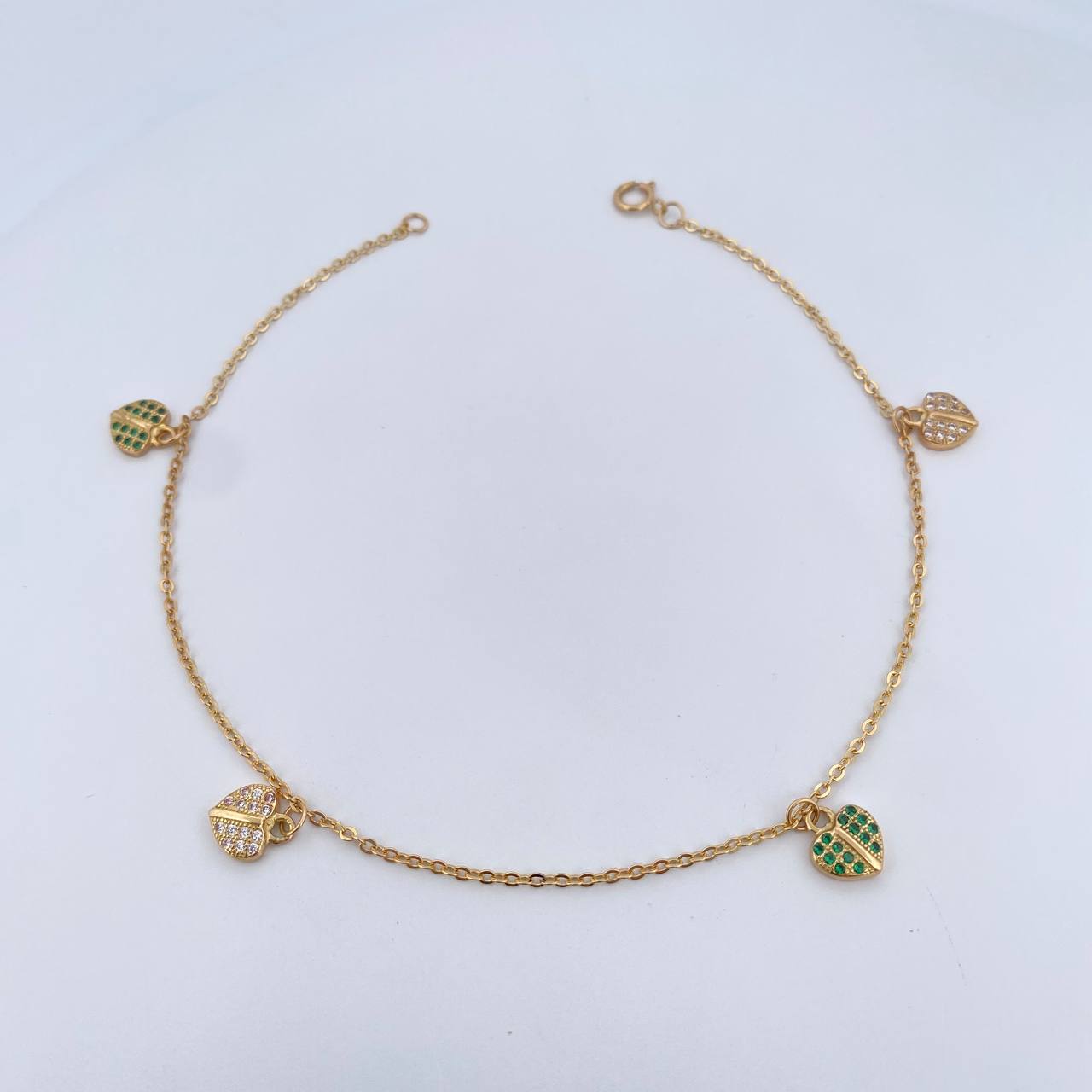 Ankle Bracelet Classic Link Pendants 4gr / 25.2cm / 1mm Hearts White Zirconia Green 18K Yellow Gold $