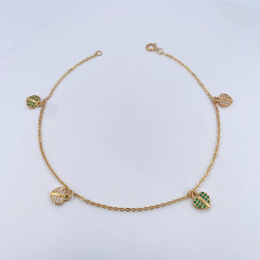 Ankle Bracelet Classic Link Pendants 4gr / 25.2cm / 1mm Hearts White Zirconia Green 18K Yellow Gold $
