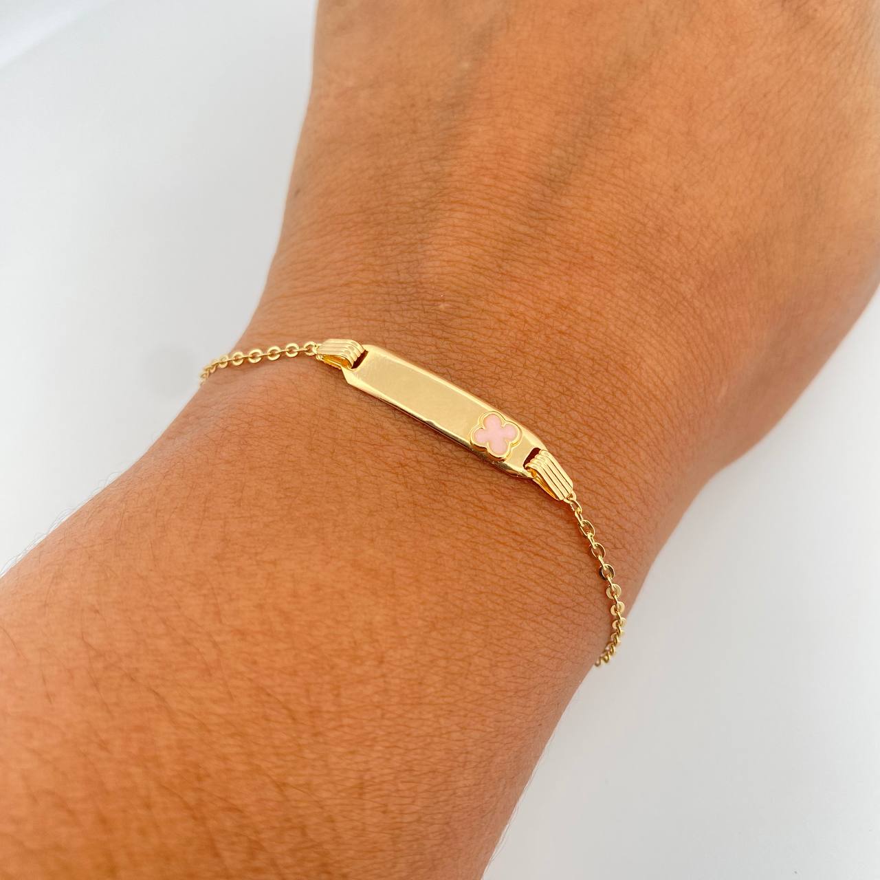 Bracelet Baby Classic Link 1.45gr / 14.5cm / Curved Rectangular Plate Clover Pink Yellow Gold 18K &