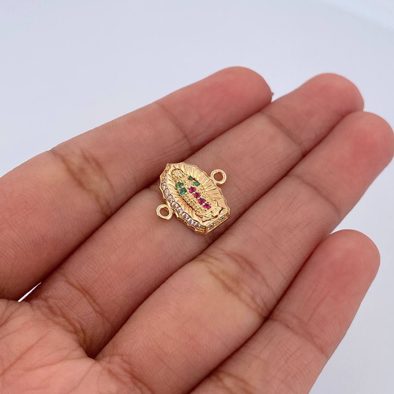 Charm Virgen Guadalupe 1.05gr / 1.4cm / Fuchsia Green White Zircons 18K Yellow Gold $