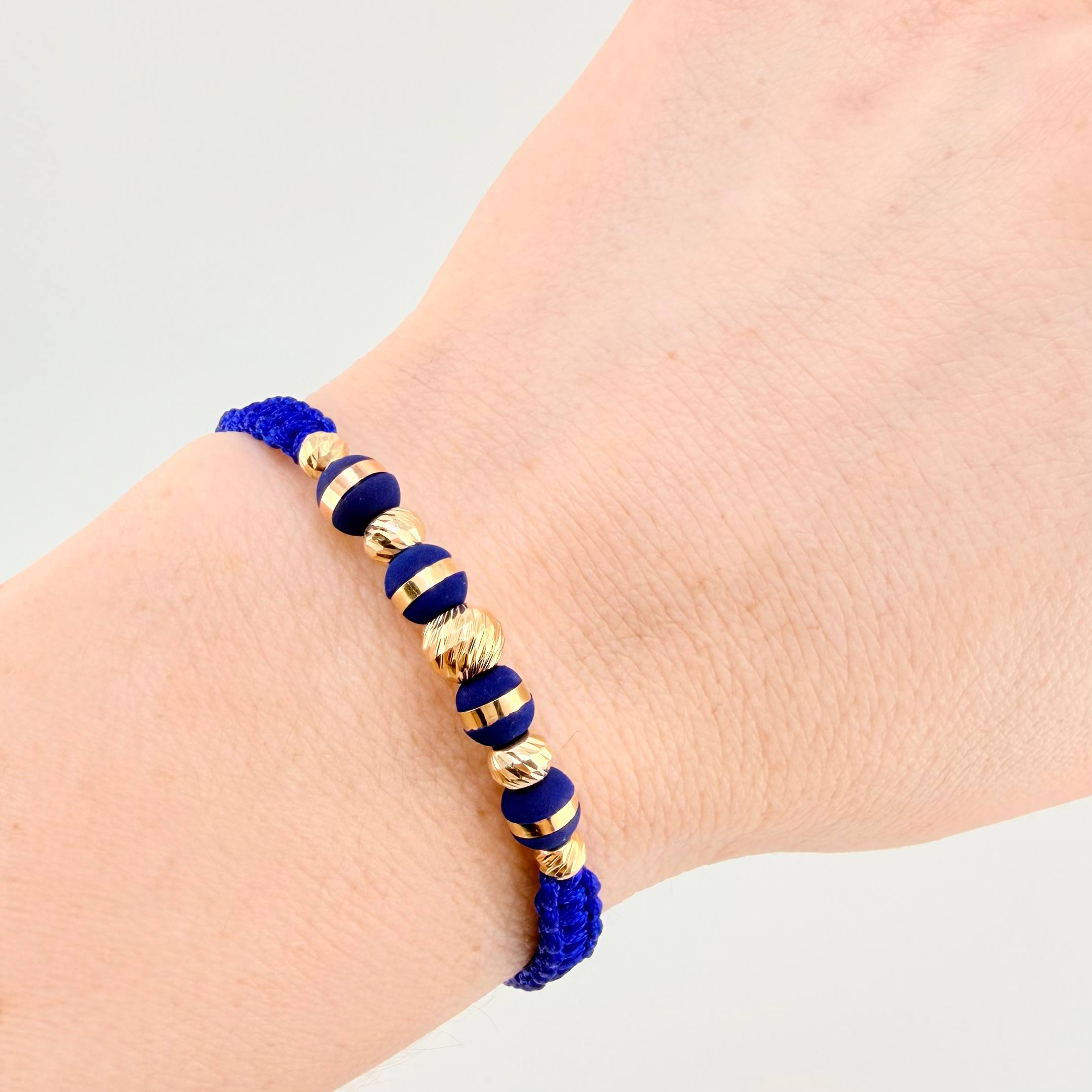 Royal Blue Woven Bracelet Neoros 4Und / Beads 5Und 4Mm-5Mm-6Mm Yellow Gold 18K