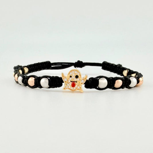 Pulsera Tejida Negra Herraje Fantasma / Bolas 6Und 3mm- 8Und 4mm Tres Oros 18K