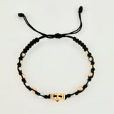 Pulsera Tejida Negra Herraje Fantasma / Bolas 6Und 3mm- 8Und 4mm Tres Oros 18K