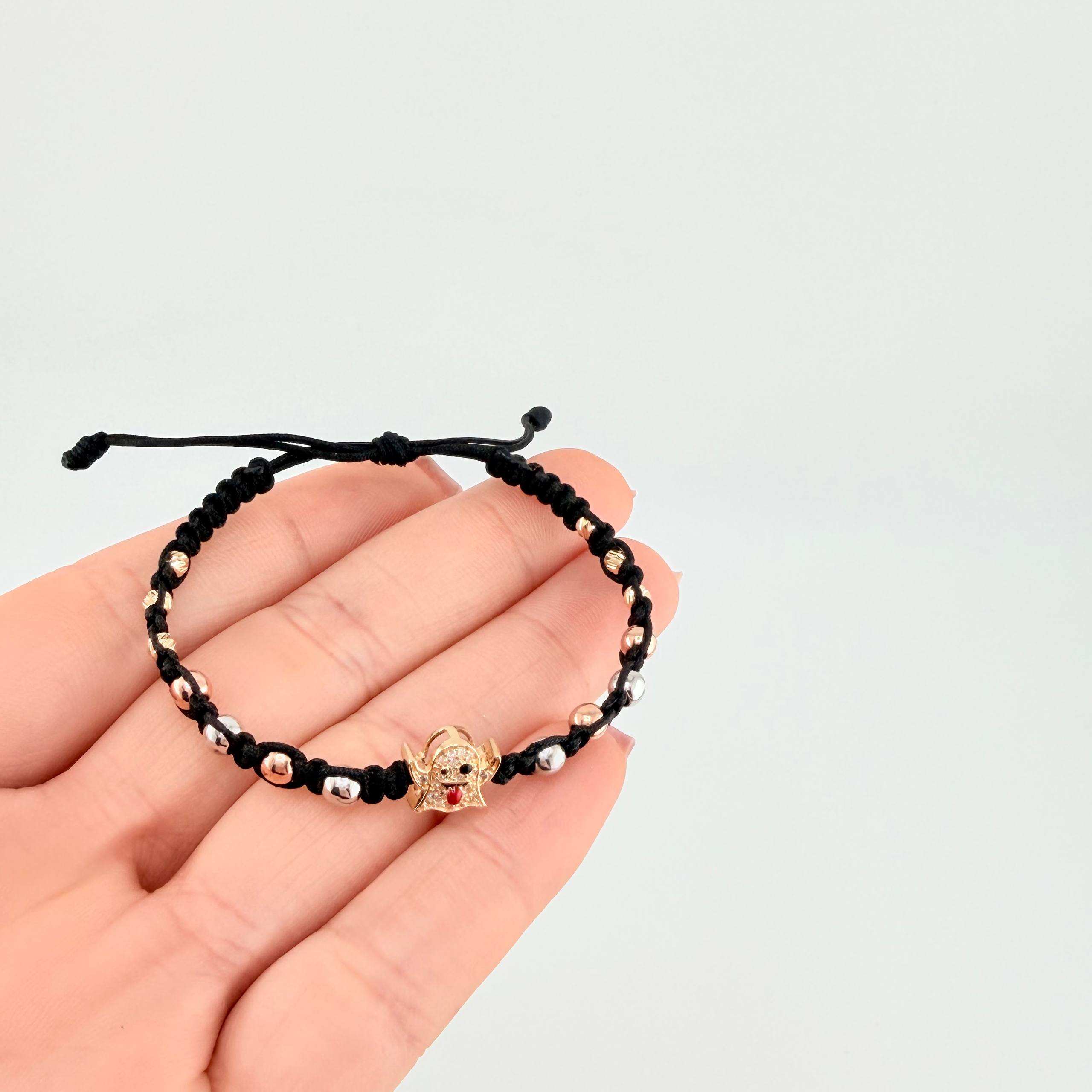 Pulsera Tejida Negra Herraje Fantasma / Bolas Lisas 8Und 4Mm- Bola Diamantada 6Und 3Mm Tres Oros 18K