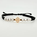 Pulsera Tejida Negra Herraje Flor / Bolas 8Und 4Mm Dos Oros Amarillo Blanco 18K