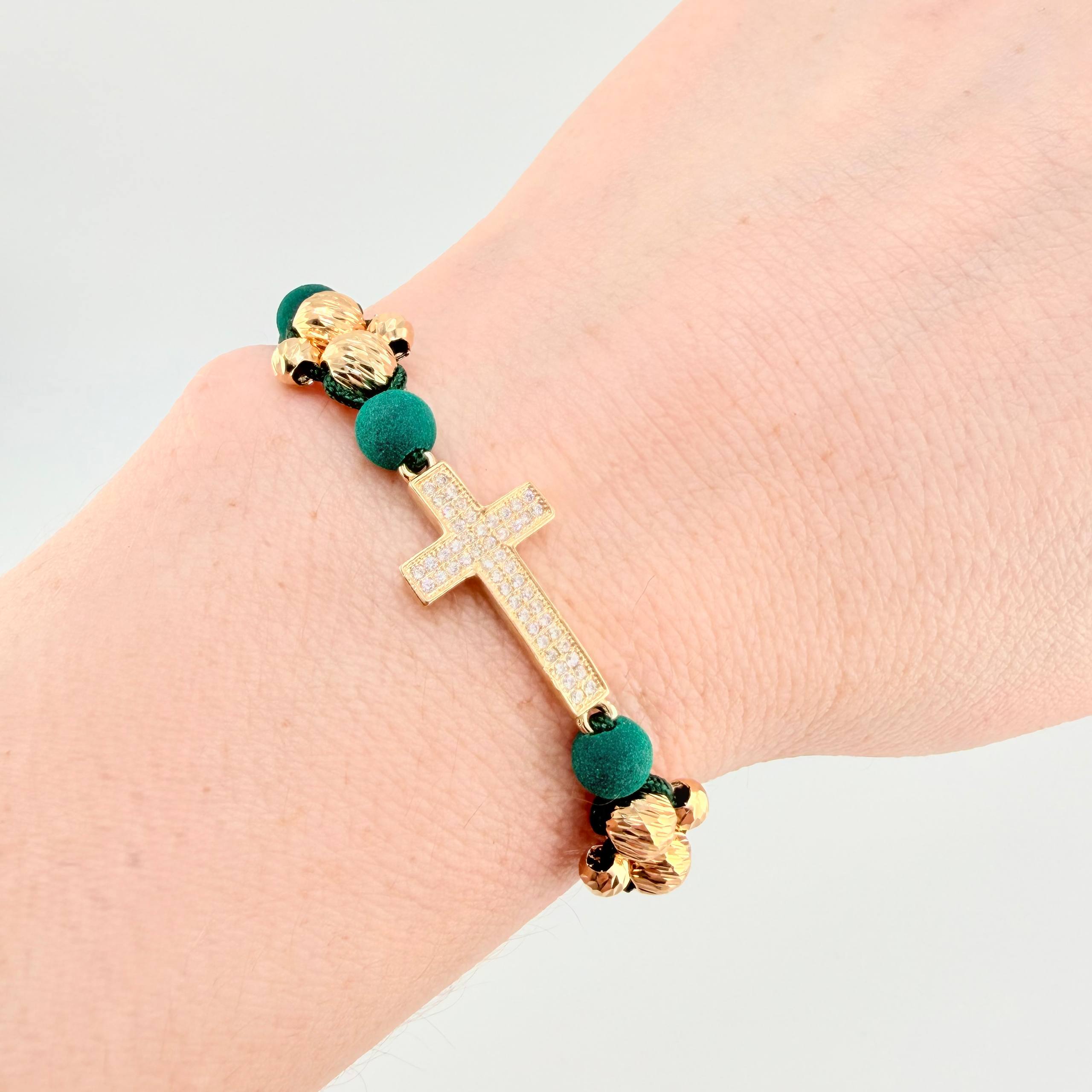 Pulsera Tejida Verde Cruz Trinidad / Bolas 4Und 6mm- 4Und 4mmOro Amarillo 18K