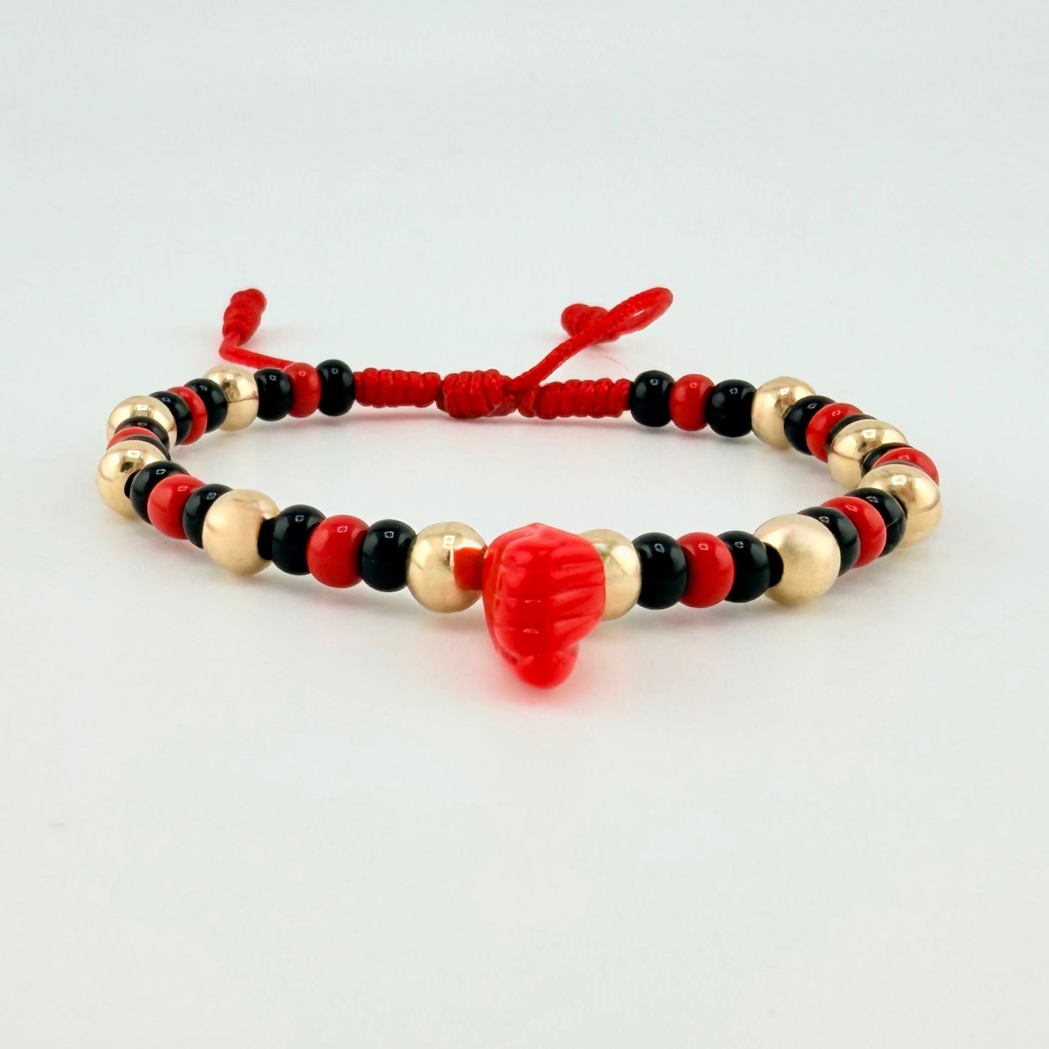 Pulsera Tejida Roja Mano Protección / Bolas 10Und 5Mm Oro Amarillo 18K