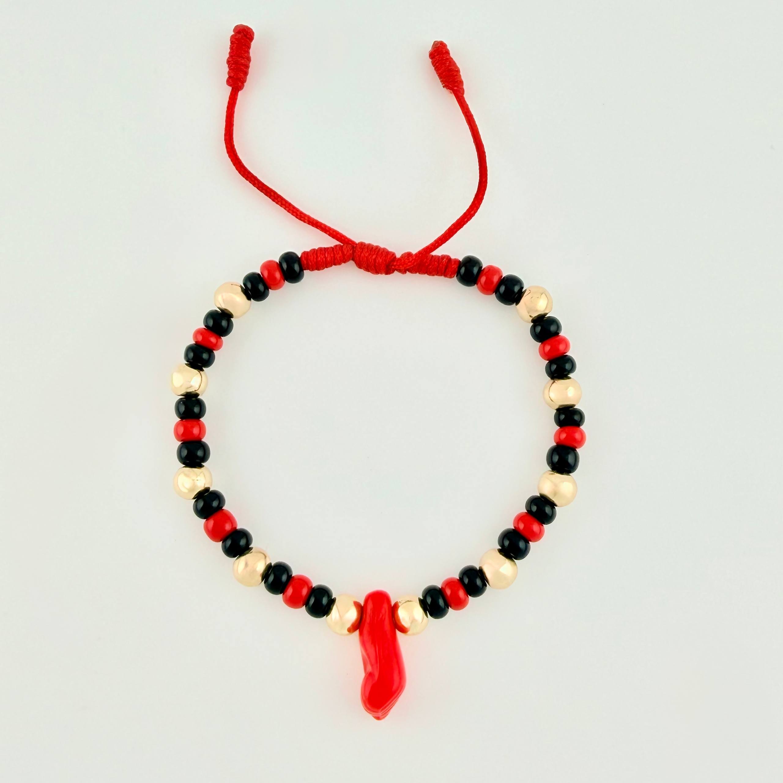 Pulsera Tejida Roja Mano Protección / Bolas 10Und 5Mm Oro Amarillo 18K