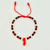 Pulsera Tejida Roja Mano Protección / Bolas 10Und 5Mm Oro Amarillo 18K