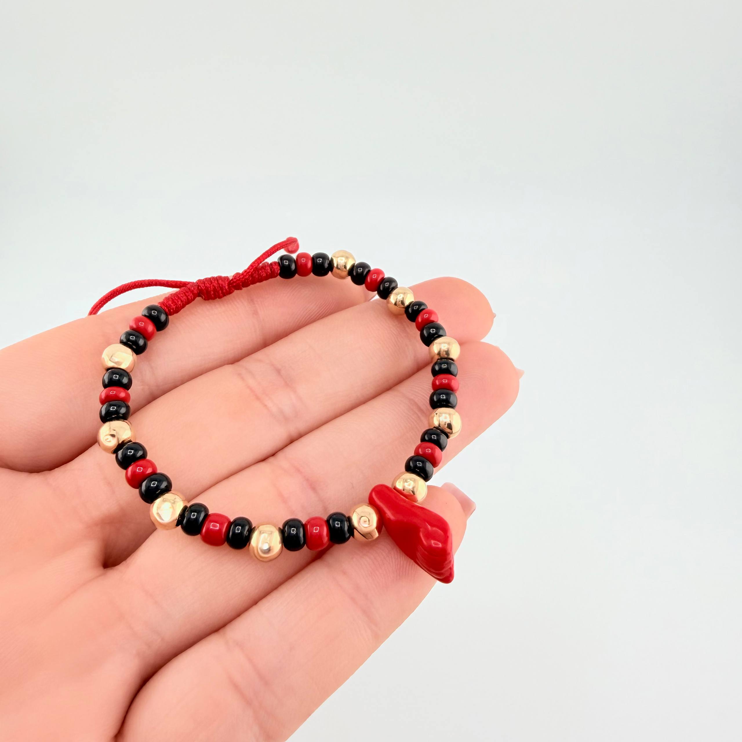 Pulsera Tejida Roja Mano Protección / Bolas 10Und 5Mm Oro Amarillo 18K