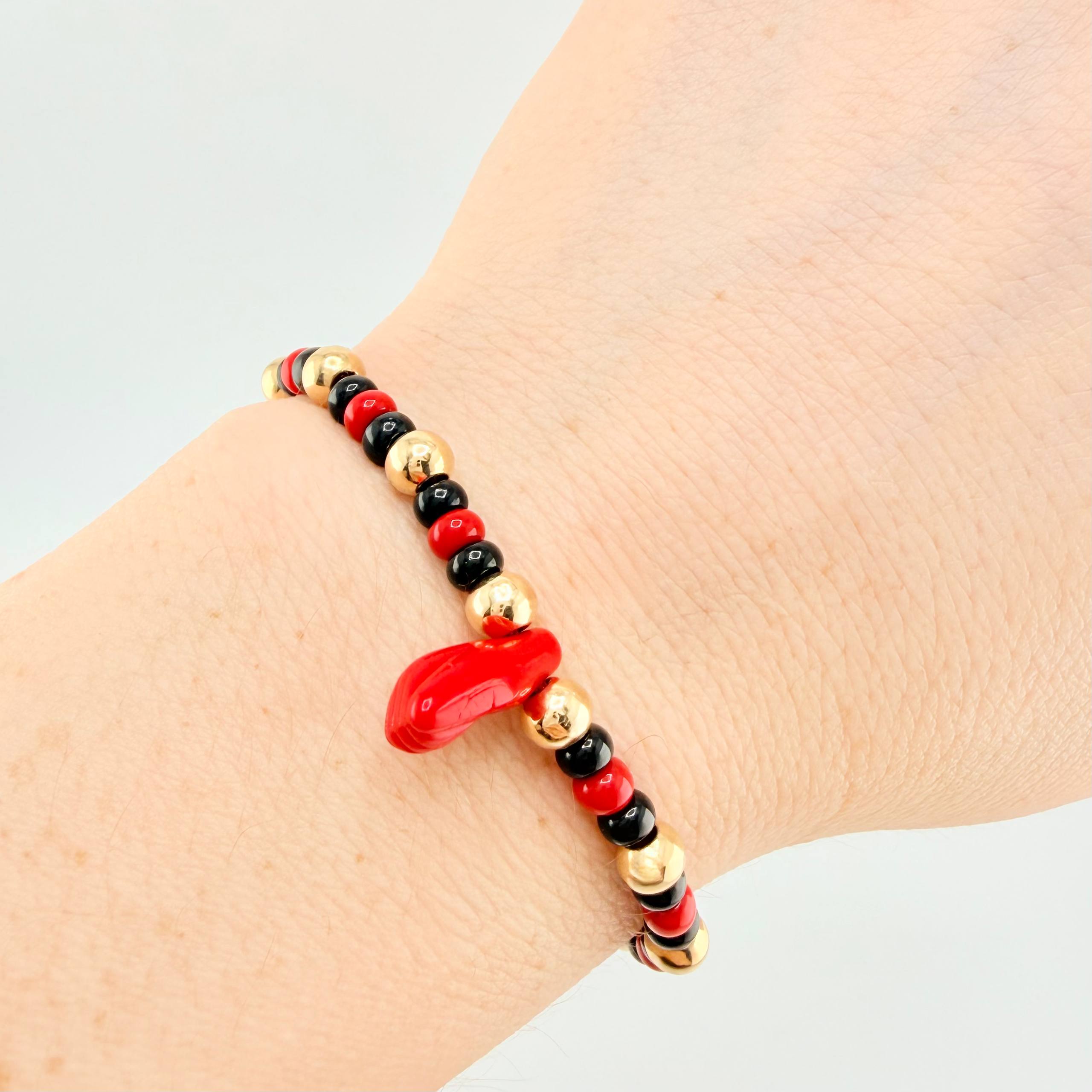 Pulsera Tejida Roja Mano Protección / Bolas 10Und 5Mm Oro Amarillo 18K