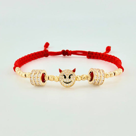 Pulsera Tejida Roja Emoji De Fuego / Bolas 20 Und 3Mm Oro Amarillo 18K