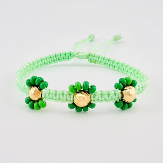 Pulsera Tejida Verde Trio Flores Oro Amarillo 18K
