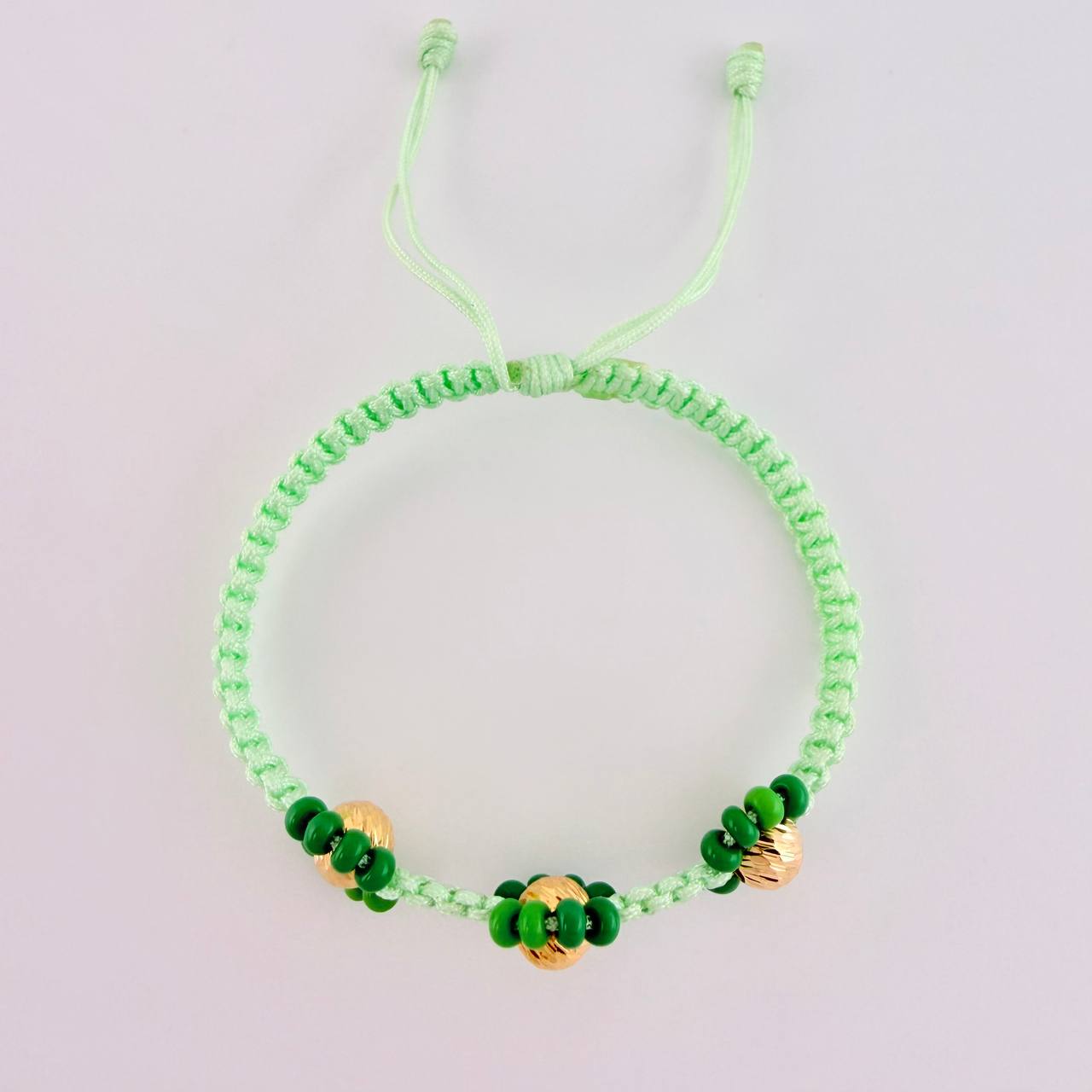 Pulsera Tejida Verde Trio Flores Oro Amarillo 18K