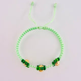 Pulsera Tejida Verde Trio Flores Oro Amarillo 18K