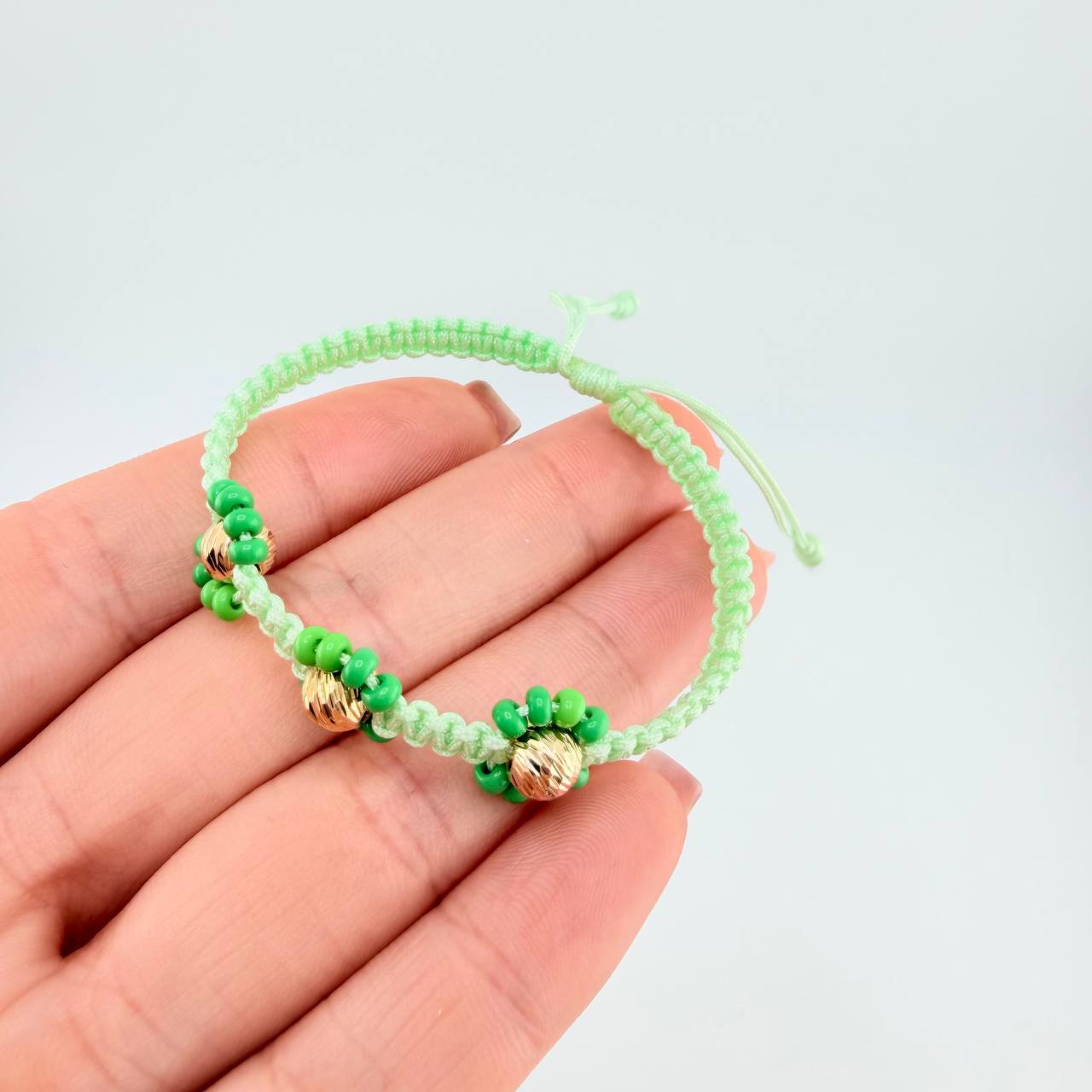 Pulsera Tejida Verde Trio Flores Oro Amarillo 18K