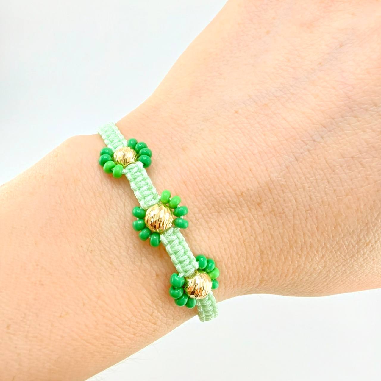 Pulsera Tejida Verde Trio Flores Oro Amarillo 18K
