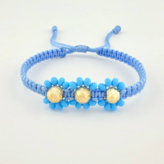 Pulsera Tejida Azul Trio Flores Oro Amarillo 18K