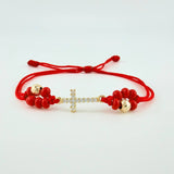 Red Woven Bracelet Maraquera Cross / 2 Units 5Mm Diamond Cut Yellow Gold 18K