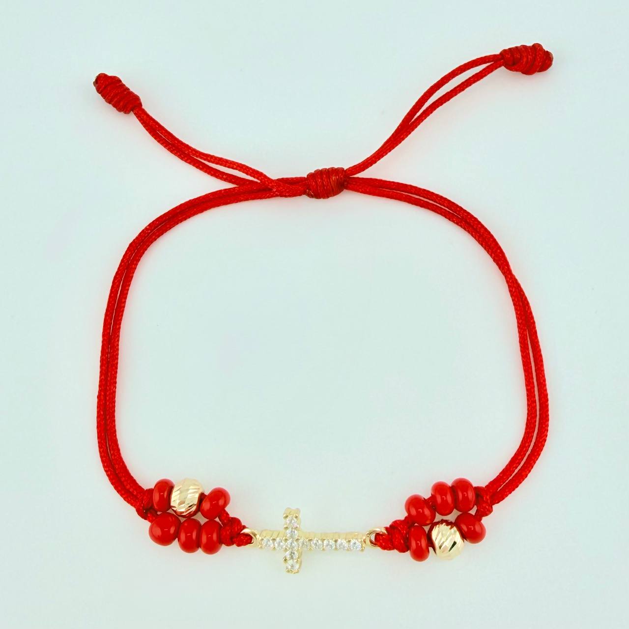 Red Woven Bracelet Maraquera Cross / 2 Units 5Mm Diamond Cut Yellow Gold 18K