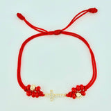 Red Woven Bracelet Maraquera Cross / 2 Units 5Mm Diamond Cut Yellow Gold 18K