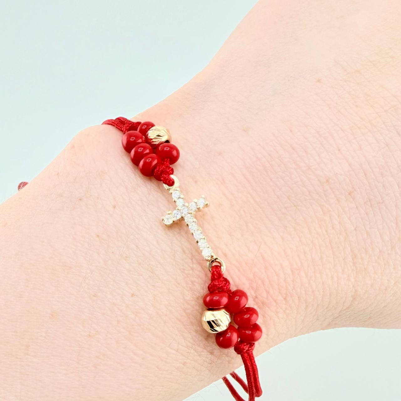 Red Woven Bracelet Maraquera Cross / 2 Units 5Mm Diamond Cut Yellow Gold 18K