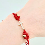 Red Woven Bracelet Maraquera Cross / 2 Units 5Mm Diamond Cut Yellow Gold 18K