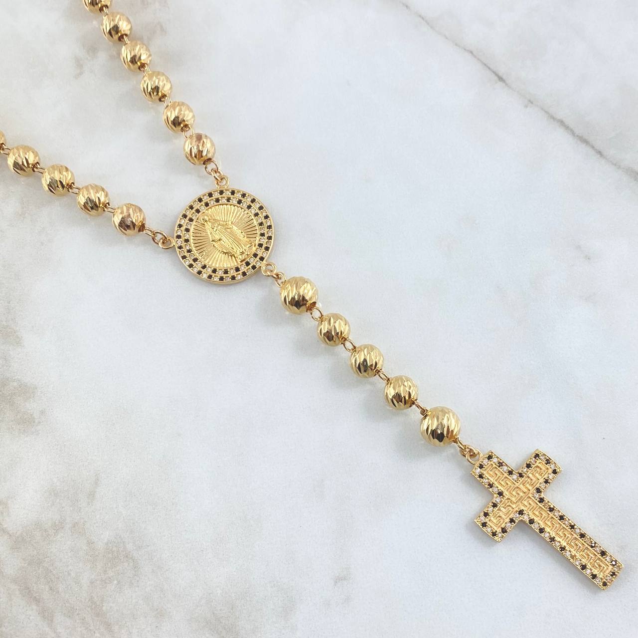 Miraculous Virgin Rosary 41.41gr / 60cm / 7mm-8mm Tribal Cross White and Black Zircons Diamond Cut 18K Yellow Gold ©