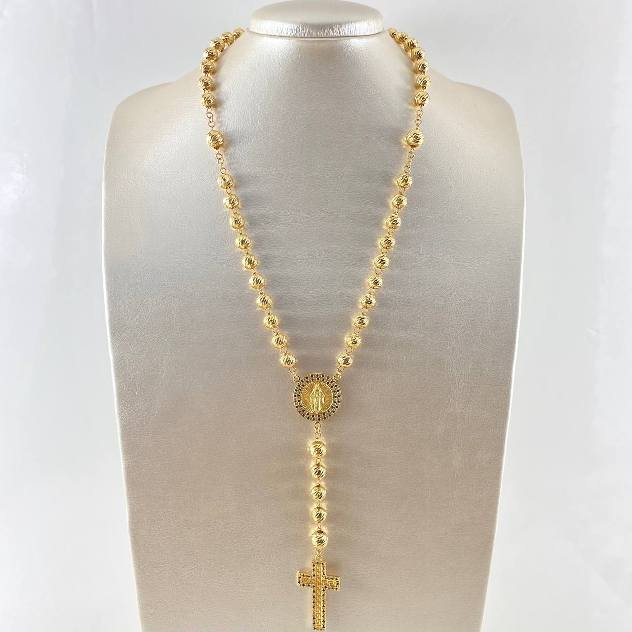 Miraculous Virgin Rosary 41.41gr / 60cm / 7mm-8mm Tribal Cross White and Black Zircons Diamond Cut 18K Yellow Gold ©