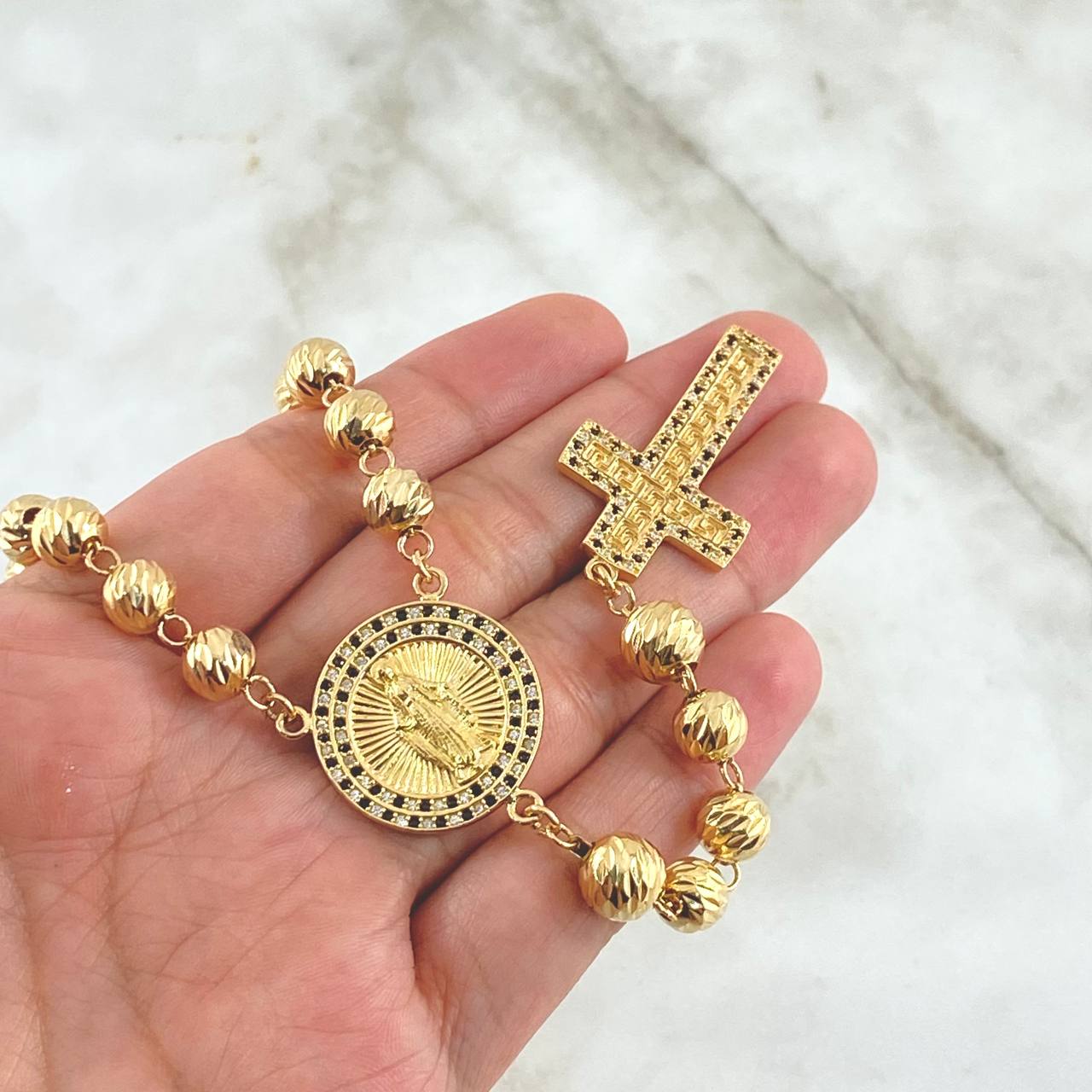 Miraculous Virgin Rosary 41.41gr / 60cm / 7mm-8mm Tribal Cross White and Black Zircons Diamond Cut 18K Yellow Gold ©