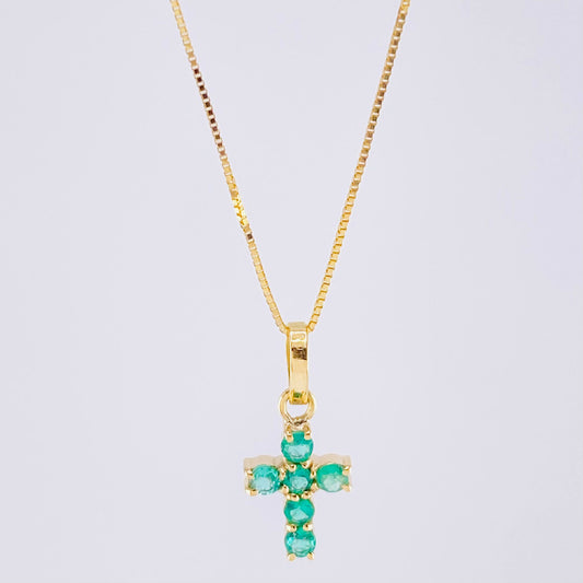 Set Cadena Veneciana + Dije Cruz Tupida Esmeralda 9 Pts / 1.3 g / 17 3/4 in Oro Amarillo 18K