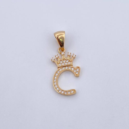 Pendant Letter C Crown 1.6gr / 2.6cm / White Zircons 18K Yellow Gold &