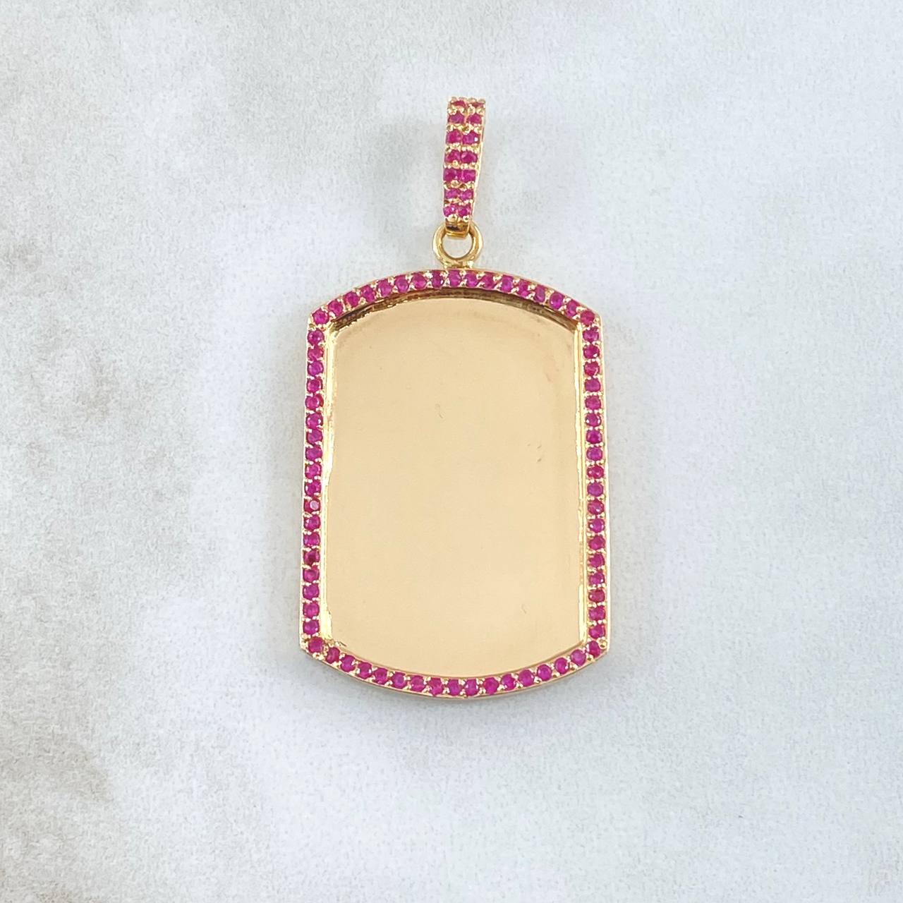 Dije Placa Marco Rectangular Curva 11.15gr / 4.8cm / Circones Fucsias Oro Amarillo 18K *