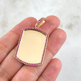 Dije Placa Marco Rectangular Curva 11.15gr / 4.8cm / Circones Fucsias Oro Amarillo 18K *