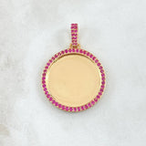 Dije Placa Marco Circular 8.65gr / 4cm / Circones Fucsias Oro Amarillo 18K *