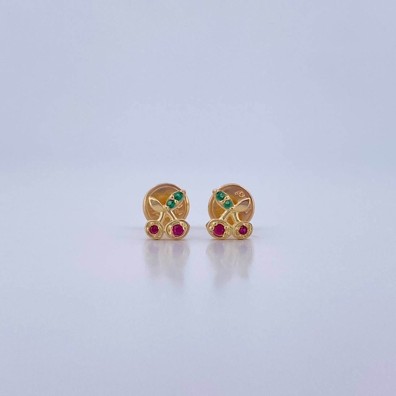 Stud Earrings Cherries 0.7gr / Fuchsia Zircons Green Yellow Gold 18K &