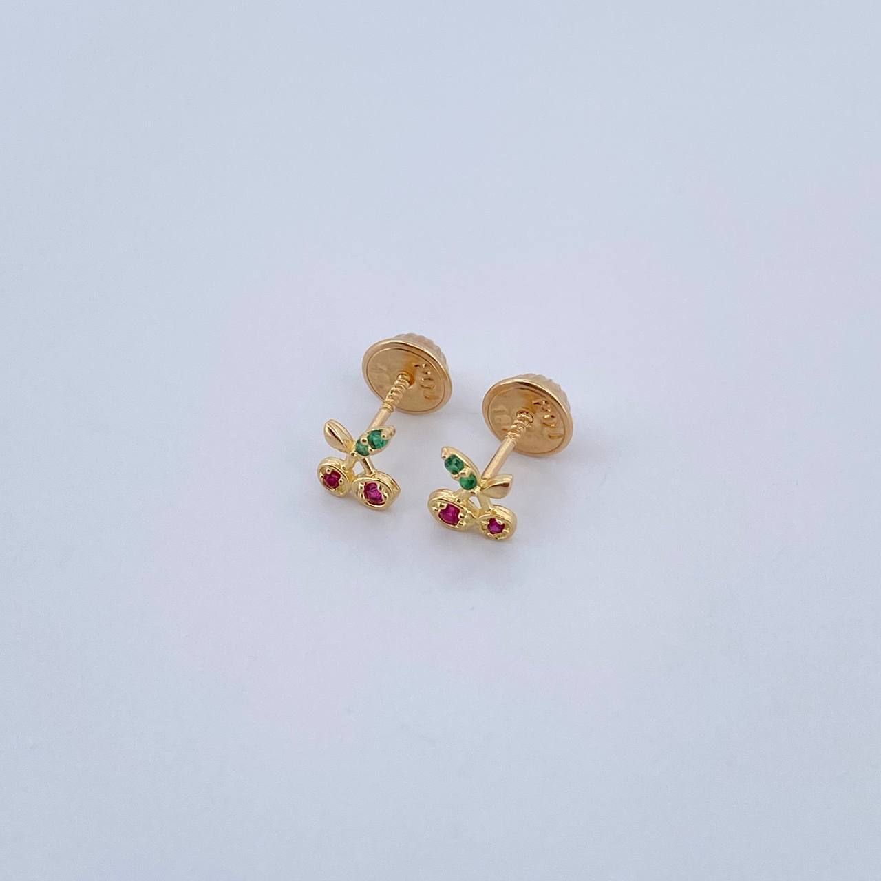Stud Earrings Cherries 0.7gr / Fuchsia Zircons Green Yellow Gold 18K &
