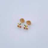 Stud Earrings Cherries 0.7gr / Fuchsia Zircons Green Yellow Gold 18K &