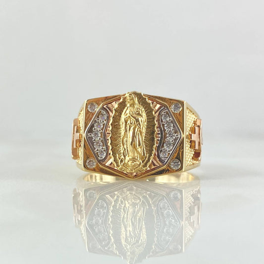 Octagonal Seal Ring Virgin of Guadalupe 10.6gr / Size 11 1/4 / White Zircons Three 18K Golds ©