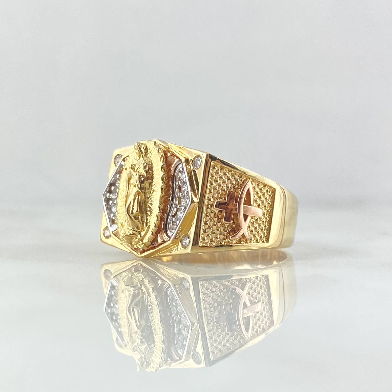 Octagonal Seal Ring Virgin of Guadalupe 10.6gr / Size 11 1/4 / White Zircons Three 18K Golds ©
