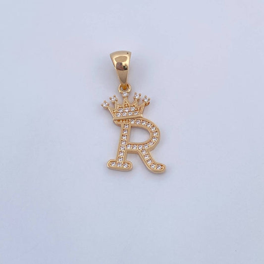 Pendant Letter R Crown 1.75gr / 2.7cm / White Zircons 18K Yellow Gold &