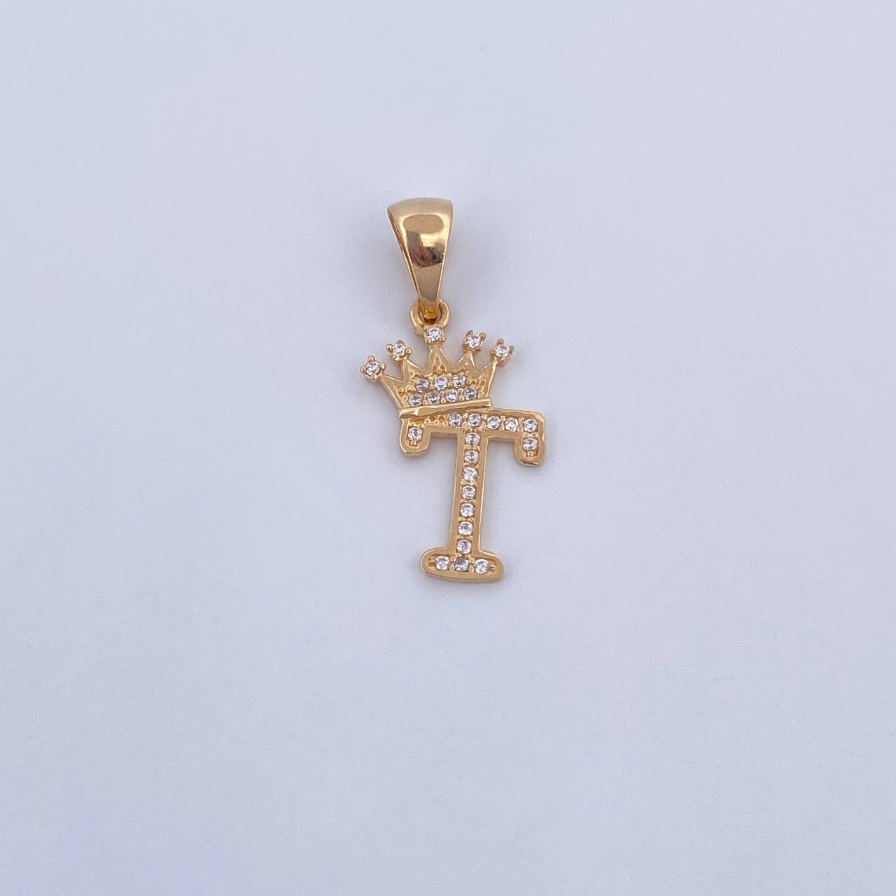 Pendant Letter T Crown 1.25gr / 2.6cm / White Zircons 18K Yellow Gold &