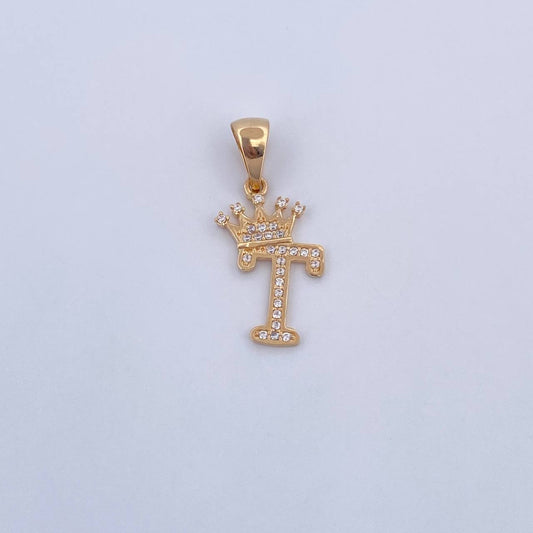 Pendant Letter T Crown 1.25gr / 2.6cm / White Zircons 18K Yellow Gold &