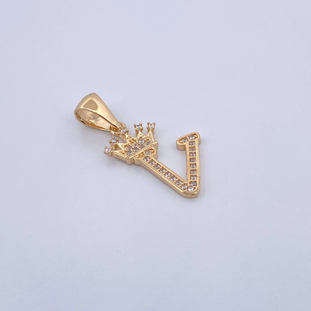 Pendant Letter V Crown 1.5gr / 2.6cm / White Zircons 18K Yellow Gold &
