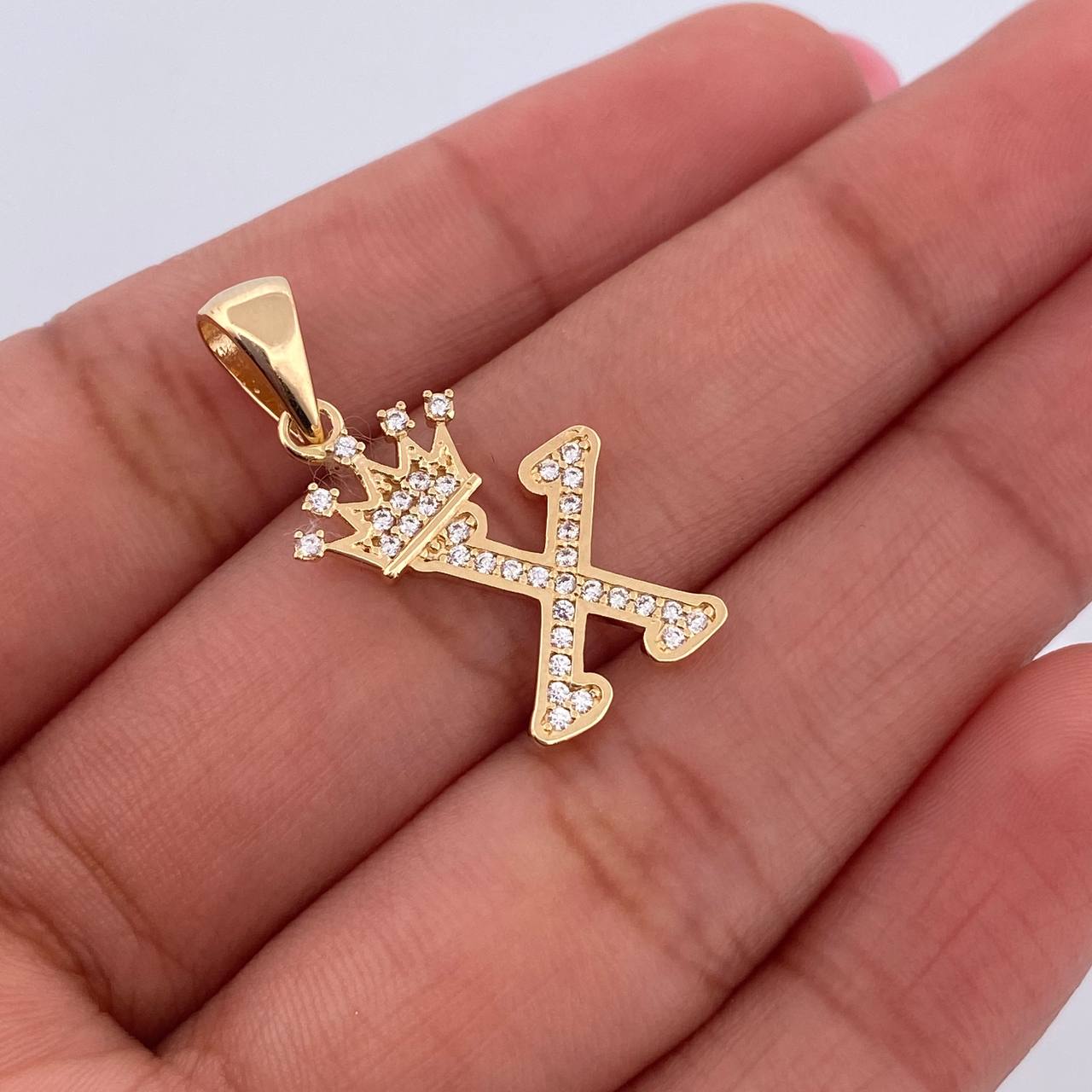 Pendant Letter X Crown 1.8gr / 2.6cm / White Zircons 18K Yellow Gold &