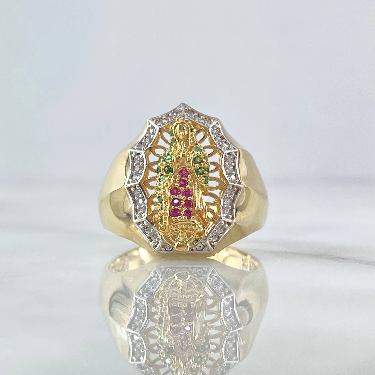 Virgin Guadalupe Ring Silhouette 6.85gr / Size 8 3/4 / White, Green, and Fuchsia Zircons 18K Yellow Gold *