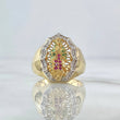 Virgin Guadalupe Ring Silhouette 6.85gr / Size 8 3/4 / White, Green, and Fuchsia Zircons 18K Yellow Gold *